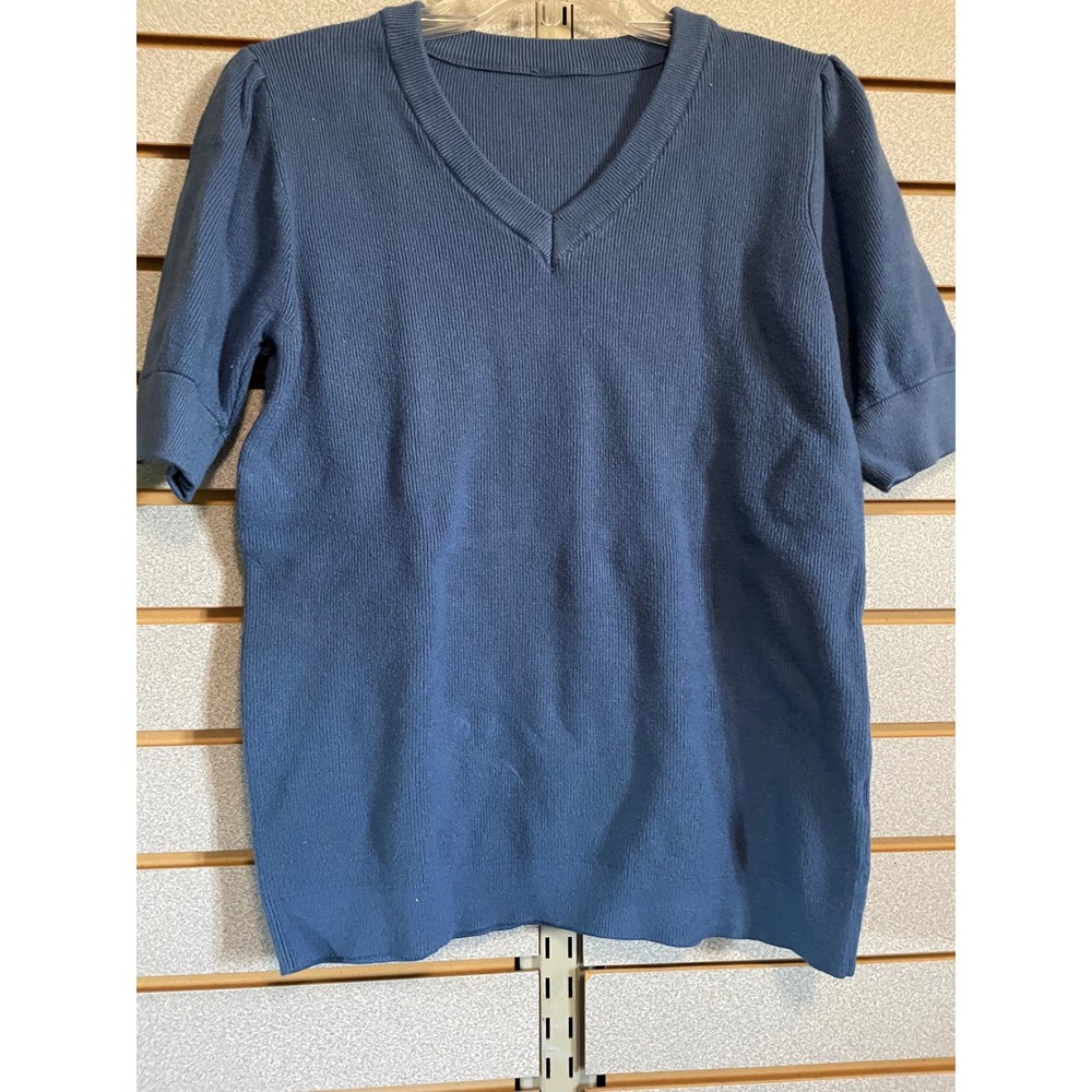 Navy Blue Ribbed Knit Top Puff Short Sleeve V Neck Casual Blouse‎ Large